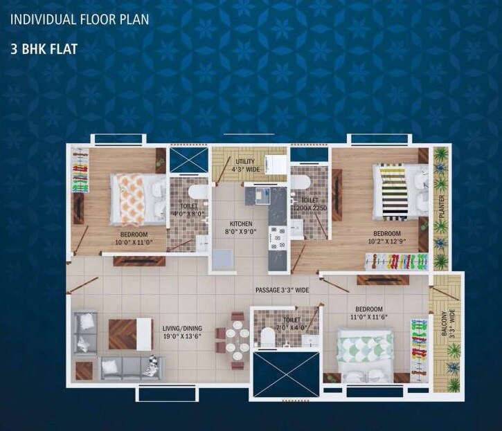 Floor plan of 3 BHK 684 Sq. Ft. Apartment in Sharad Pratiksha Heights, Nagpur