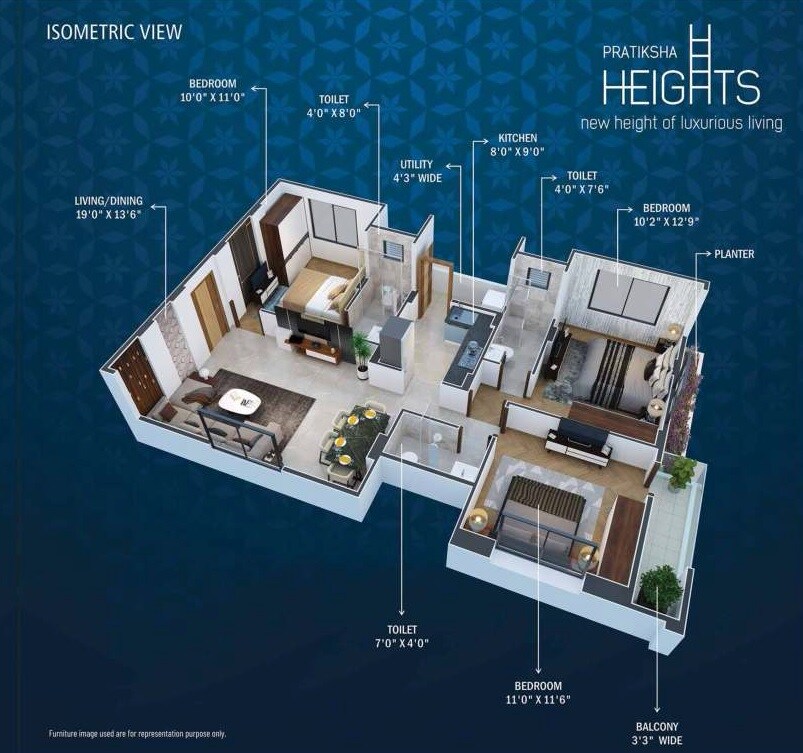 Floor plan of 3 BHK 686 Sq. Ft. Apartment in Sharad Pratiksha Heights, Nagpur