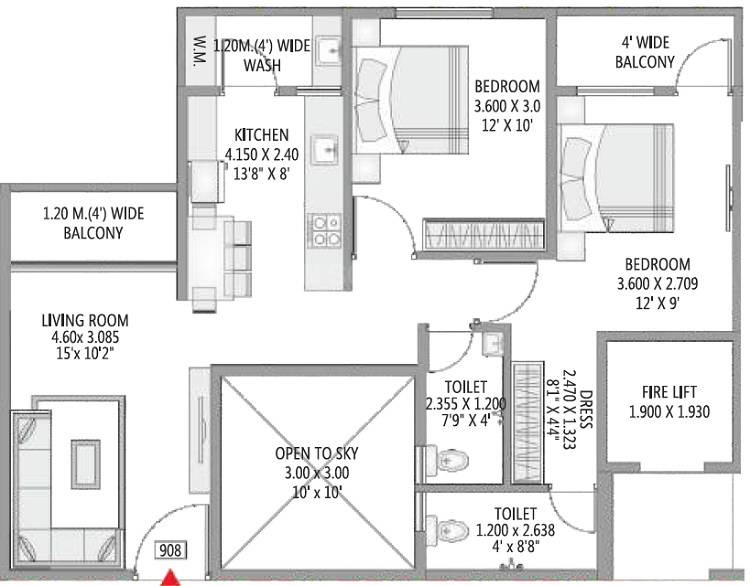 Floor plan of 2 BHK 637 Sq. Ft. Apartment in Shree Laxmi Peace City, Nagpur