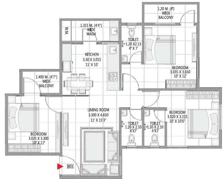 Floor plan of 3 BHK 763 Sq. Ft. Apartment in Shree Laxmi Peace City, Nagpur