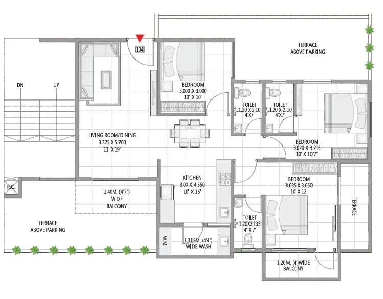 Floor plan of 3 BHK 837 Sq. Ft. Apartment in Shree Laxmi Peace City, Nagpur