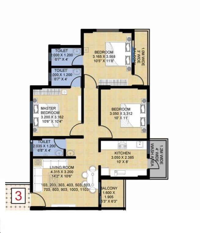 Floor plan of 3 BHK 675 Sq. Ft. Apartment in Supreme Avenue Tower, Nagpur