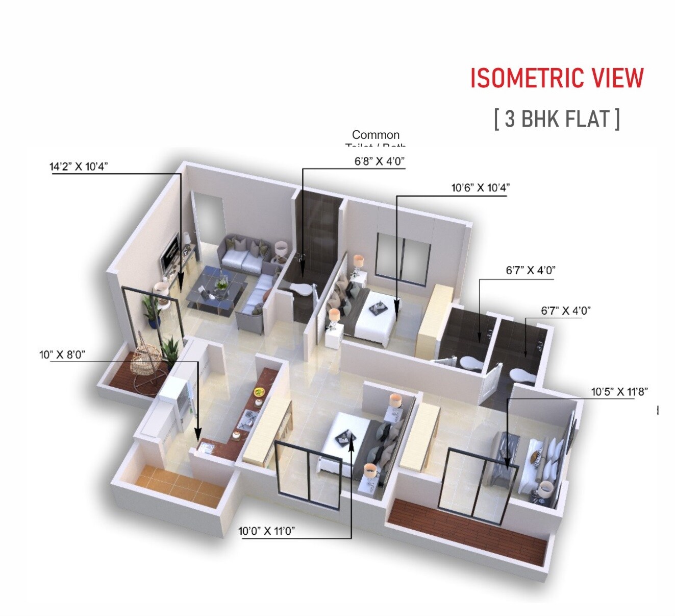 Floor plan of 3 BHK 755 Sq. Ft. Apartment in Supreme Avenue Tower, Nagpur