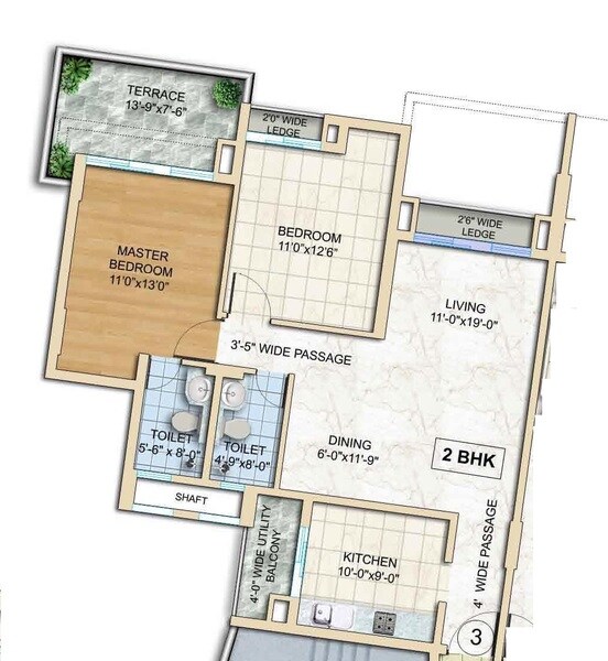 Floor plan of 2 BHK 1350 Sq. Ft. Apartment in Tata Capitol Heights, Nagpur