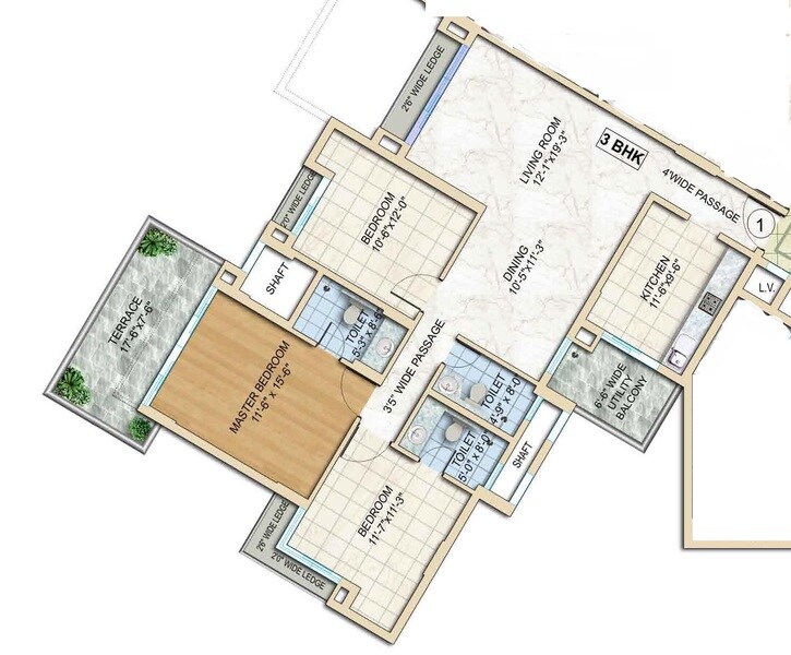Floor plan of 3 BHK 1841 Sq. Ft. Apartment in Tata Capitol Heights, Nagpur