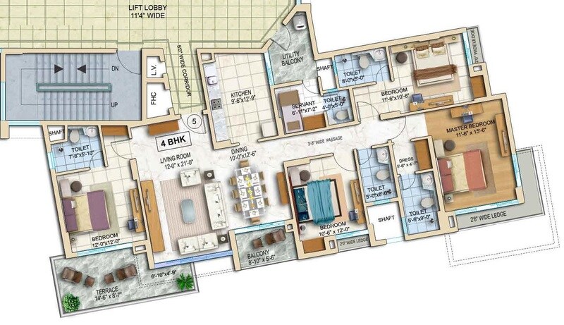 Floor plan of 4 BHK 2544 Sq. Ft. Apartment in Tata Capitol Heights, Nagpur