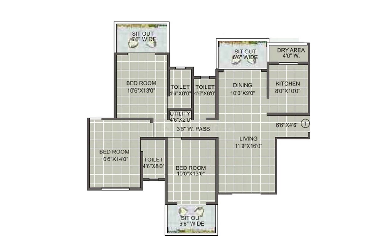 Floor plan of 3 BHK 1187 Sq. Ft. Apartment in Anmols Nayantara City One, Nashik