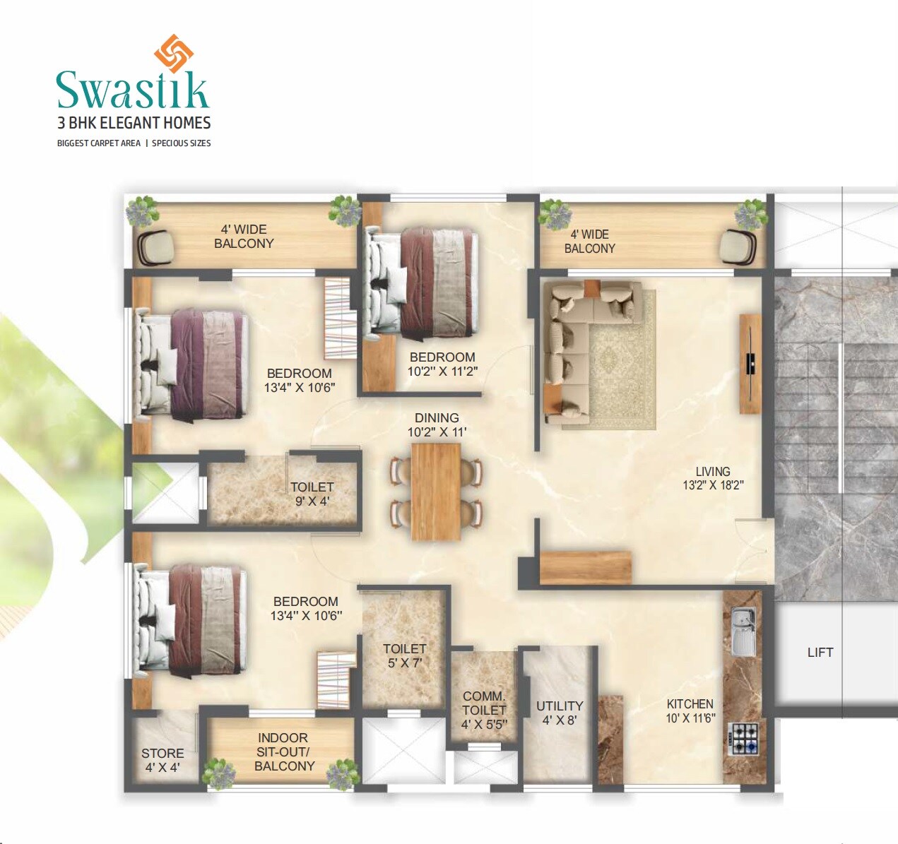 3 BHK 1222 Sq. Ft. Apartment