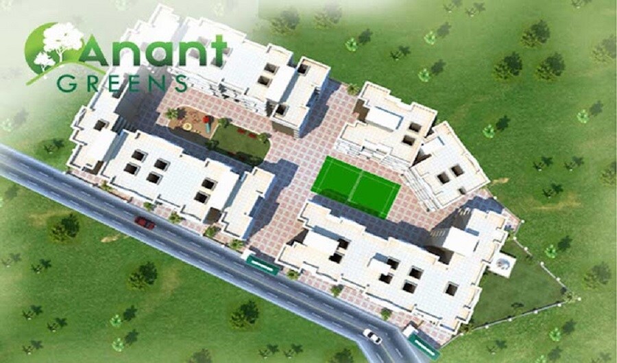 Anant-Greens_an aerial view of a small town with a large building