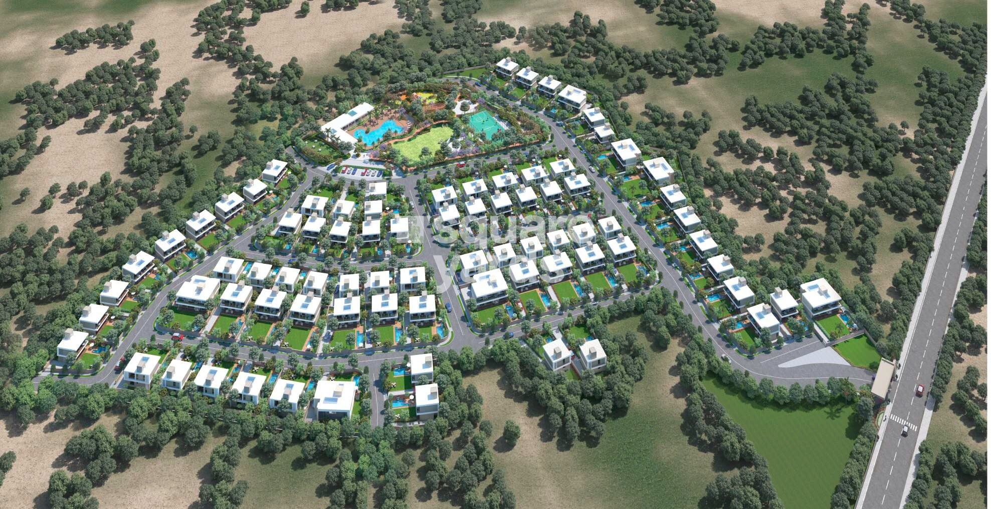 Atharva-The-August-Villas_an aerial view of a large field with several large buildings