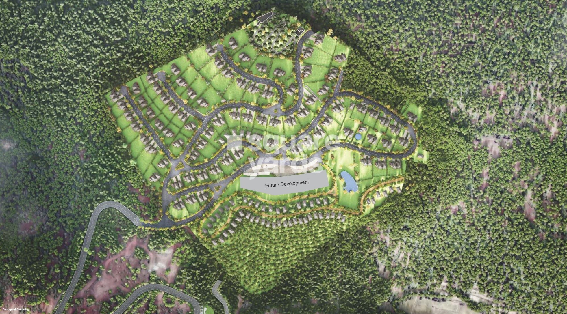 Shrivega-Villas_an aerial view of a grassy area with trees