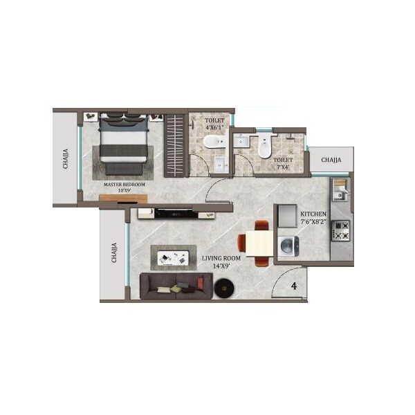 Floor plan of 1 BHK 377 Sq. Ft. Apartment in 147 Green, Navi Mumbai