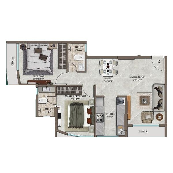 Floor plan of 2 BHK 532 Sq. Ft. Apartment in 147 Green, Navi Mumbai