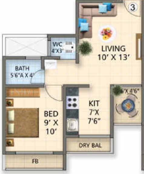 Floor plan of 1 BHK 264 Sq. Ft. Apartment in 5P Aria, Navi Mumbai