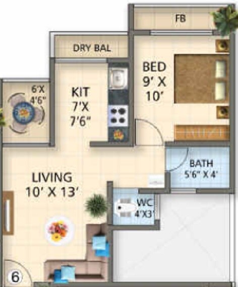 Floor plan of 1 BHK 277 Sq. Ft. Apartment in 5P Aria, Navi Mumbai