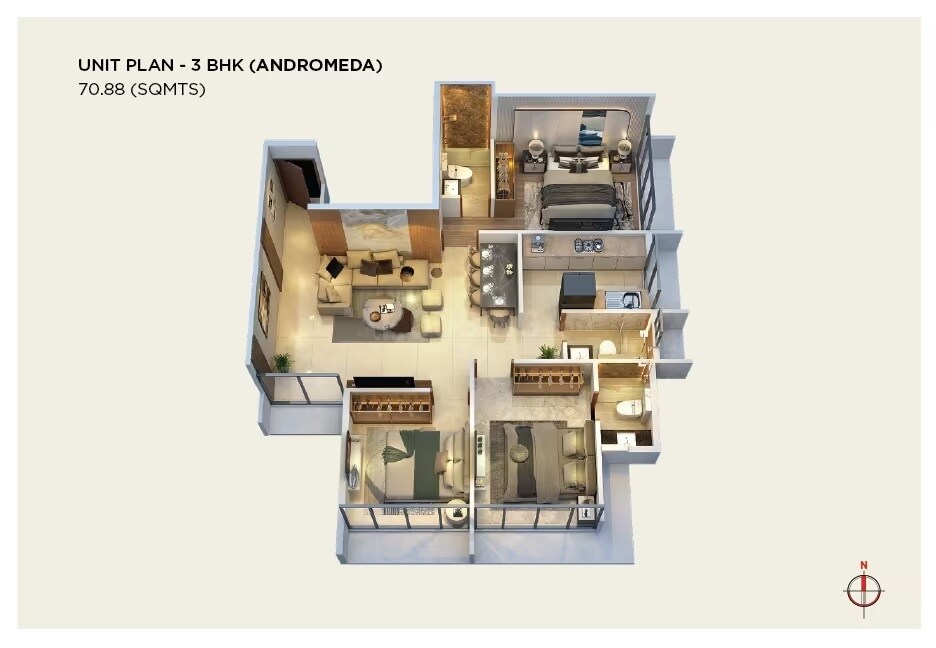 Floor plan of 3 BHK 763 Sq. Ft. Apartment in A Space Estella, Navi Mumbai