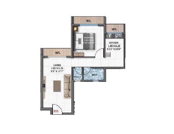 Floor plan of 1 BHK 408 Sq. Ft. Apartment in Aaditya Lakshmi Narayan, Navi Mumbai