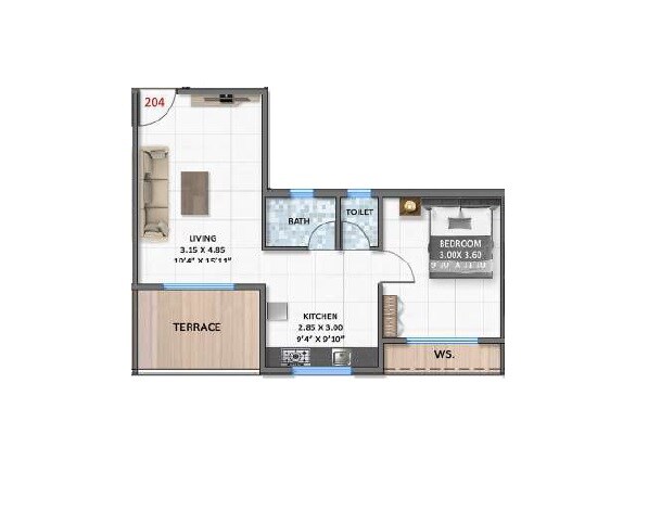 Floor plan of 1 BHK 432 Sq. Ft. Apartment in Aaditya Lakshmi Narayan, Navi Mumbai