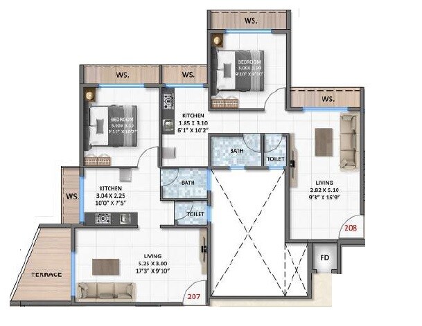 Floor plan of 2 BHK 642 Sq. Ft. Apartment in Aaditya Lakshmi Narayan, Navi Mumbai