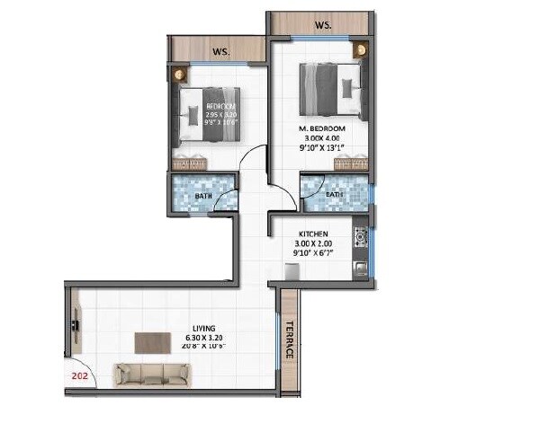 Floor plan of 2 BHK 703 Sq. Ft. Apartment in Aaditya Lakshmi Narayan, Navi Mumbai