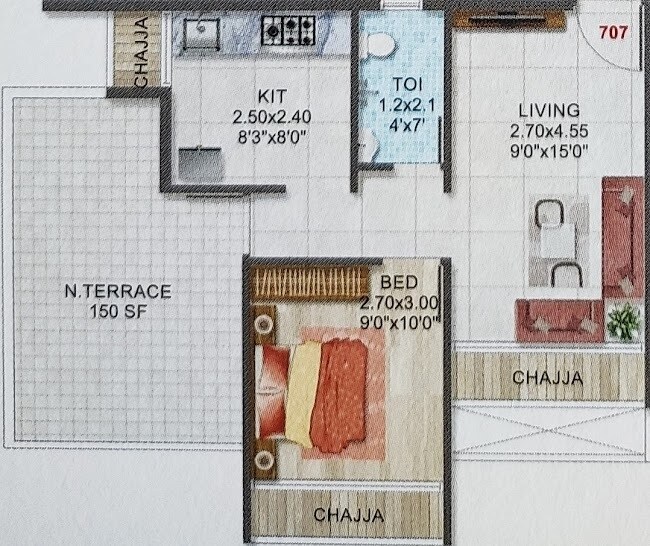 Floor plan of 1 BHK 303 Sq. Ft. Apartment in Aaditya Rudra, Navi Mumbai