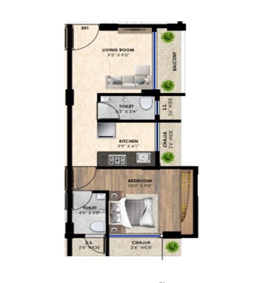 Floor plan of 1 BHK 400 Sq. Ft. Apartment in Aaradhy Heights, Navi Mumbai