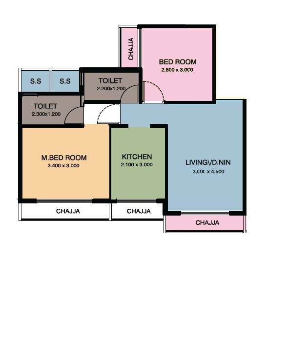Floor plan of 2 BHK 527 Sq. Ft. Apartment in Aaradhya Shree Narayan Paradise, Navi Mumbai