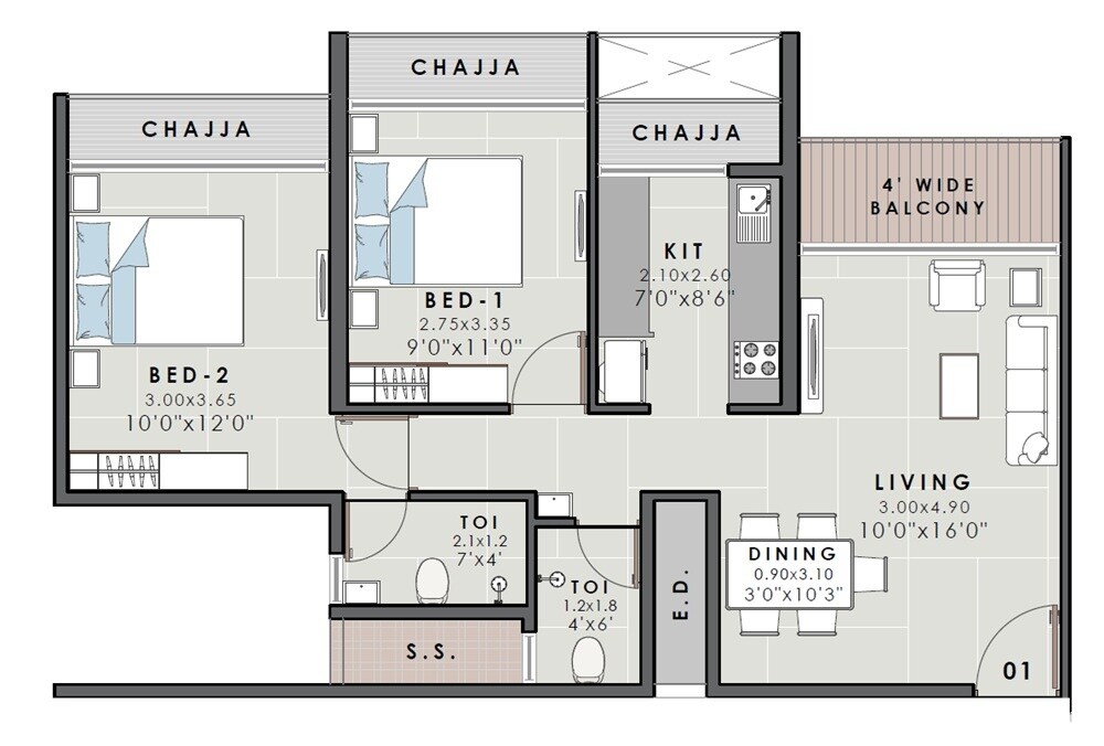 Floor plan of 2 BHK 723 Sq. Ft. Apartment in Aarav Omkar Regency, Navi Mumbai
