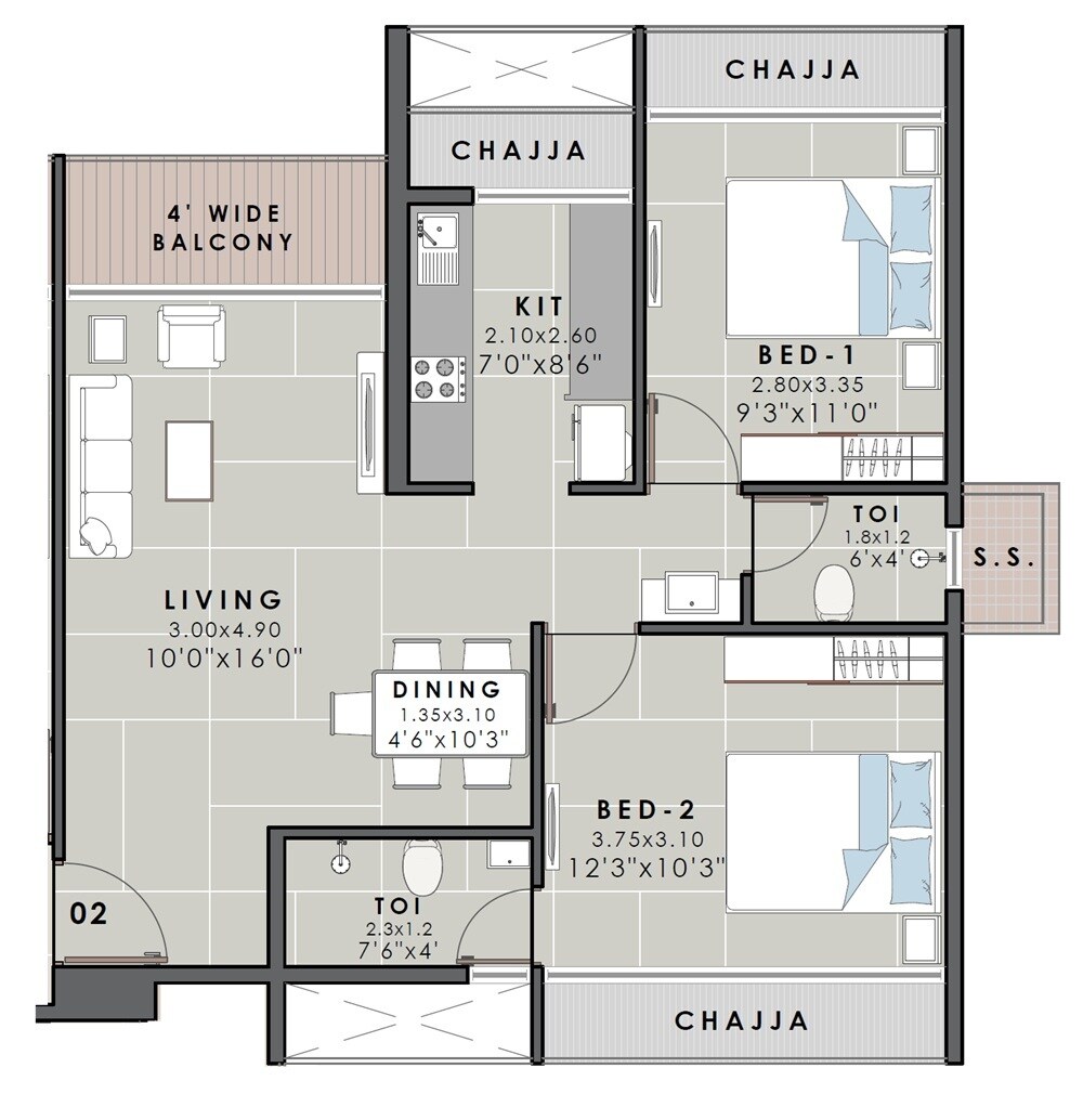 Floor plan of 2 BHK 757 Sq. Ft. Apartment in Aarav Omkar Regency, Navi Mumbai