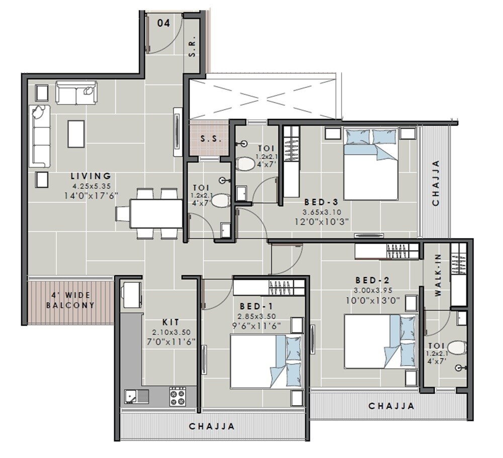 Floor plan of 3 BHK 1054 Sq. Ft. Apartment in Aarav Omkar Regency, Navi Mumbai