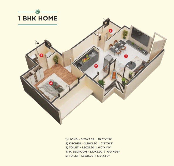 Floor plan of 1 BHK 375 Sq. Ft. Apartment in Aashray Nisarg, Navi Mumbai