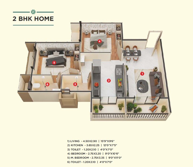 Floor plan of 2 BHK 490 Sq. Ft. Apartment in Aashray Nisarg, Navi Mumbai