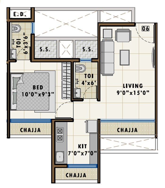 Floor plan of 1 BHK 189 Sq. Ft. Apartment in Aastha River View Vashi, Navi Mumbai