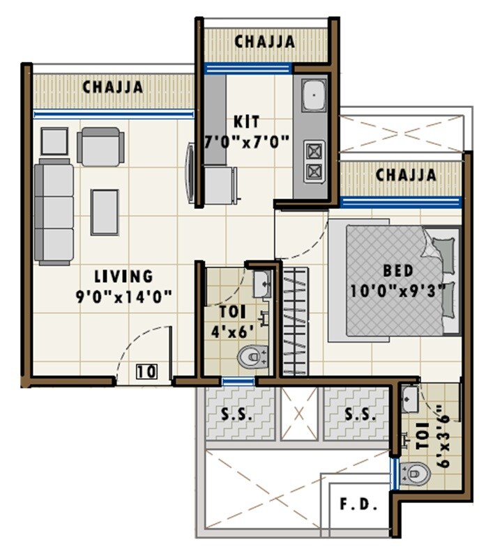 Floor plan of 1 BHK 299 Sq. Ft. Apartment in Aastha River View Vashi, Navi Mumbai