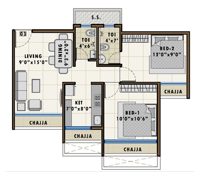 Floor plan of 2 BHK 306 Sq. Ft. Apartment in Aastha River View Vashi, Navi Mumbai
