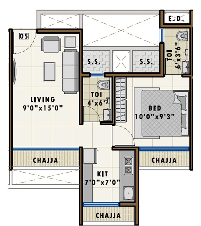 Floor plan of 2 BHK 458 Sq. Ft. Apartment in Aastha River View Vashi, Navi Mumbai