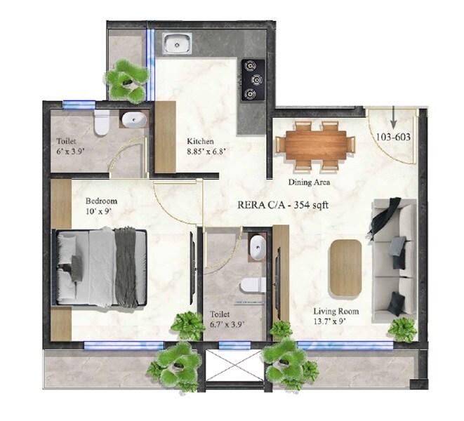 Floor plan of 1 BHK 354 Sq. Ft. Apartment in AB Swami Sadan, Navi Mumbai