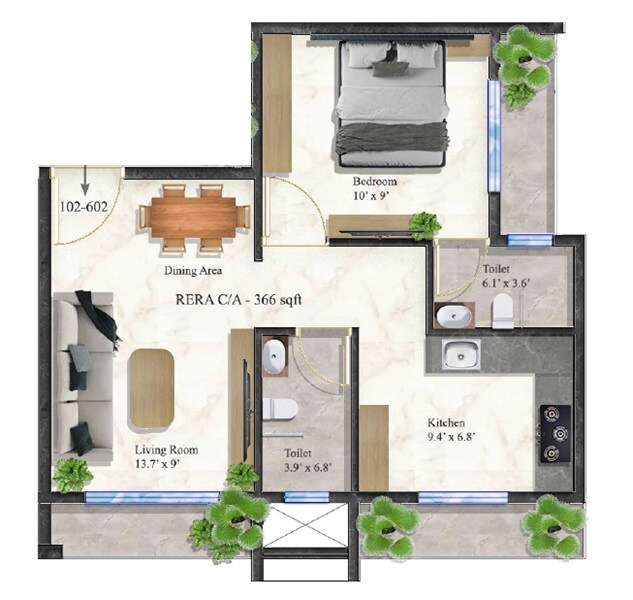 Floor plan of 1 BHK 366 Sq. Ft. Apartment in AB Swami Sadan, Navi Mumbai