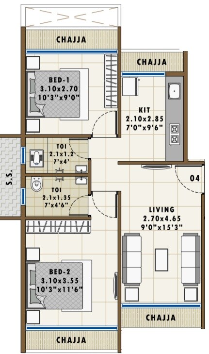 Floor plan of 2 BHK 683 Sq. Ft. Apartment in Abhishek Shiv Shankar Residency, Navi Mumbai