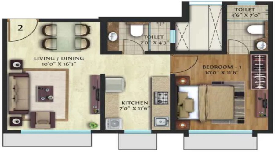 Floor plan of 2 BHK 567 Sq. Ft. Apartment in Adhiraj Capital City, Navi Mumbai