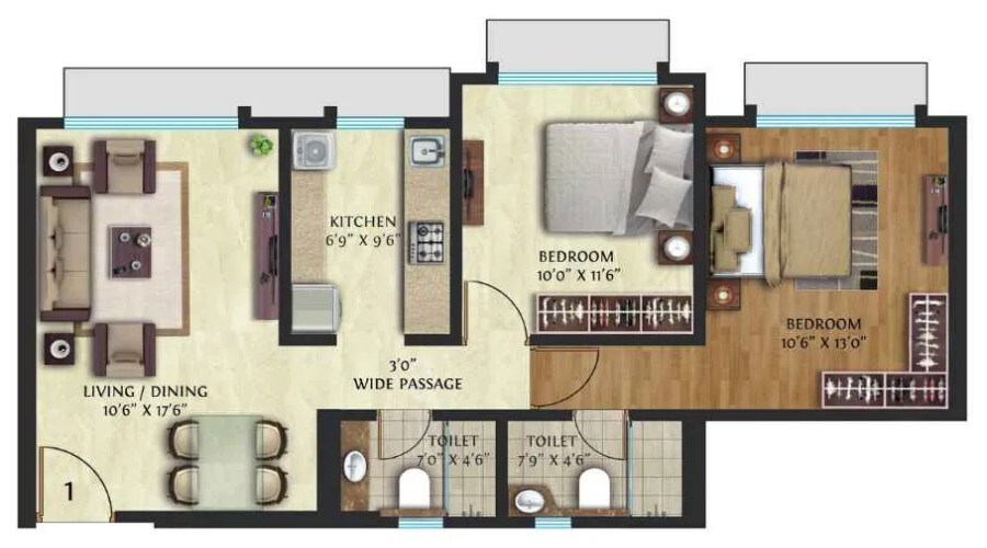 Floor plan of 3 BHK 820 Sq. Ft. Apartment in Adhiraj Capital City, Navi Mumbai