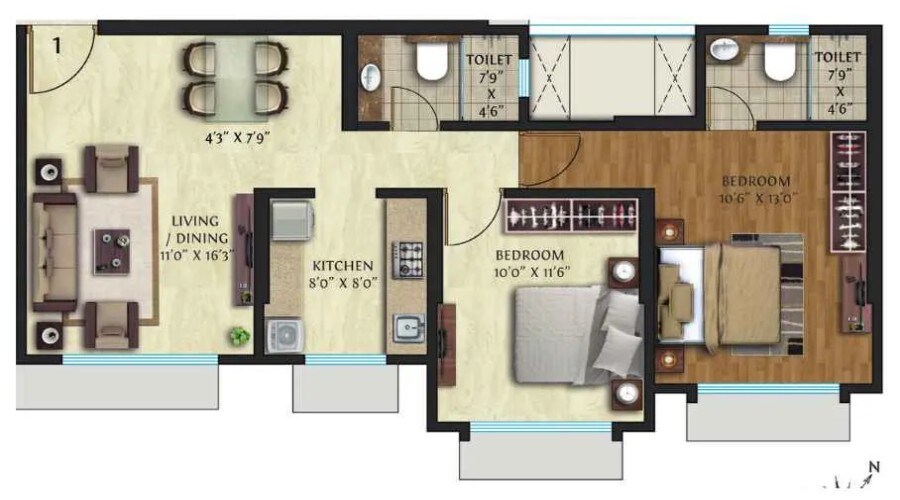 Floor plan of 3 BHK 851 Sq. Ft. Apartment in Adhiraj Capital City, Navi Mumbai