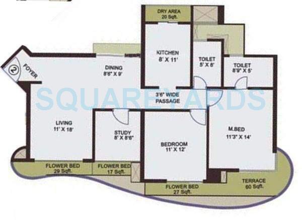 Floor plan of 2 BHK 1284 Sq. Ft. Apartment in Adhiraj Cyprees Aqua, Navi Mumbai