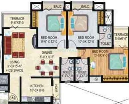 Floor plan of 3 BHK 1430 Sq. Ft. Apartment in Adhiraj Mangium, Navi Mumbai