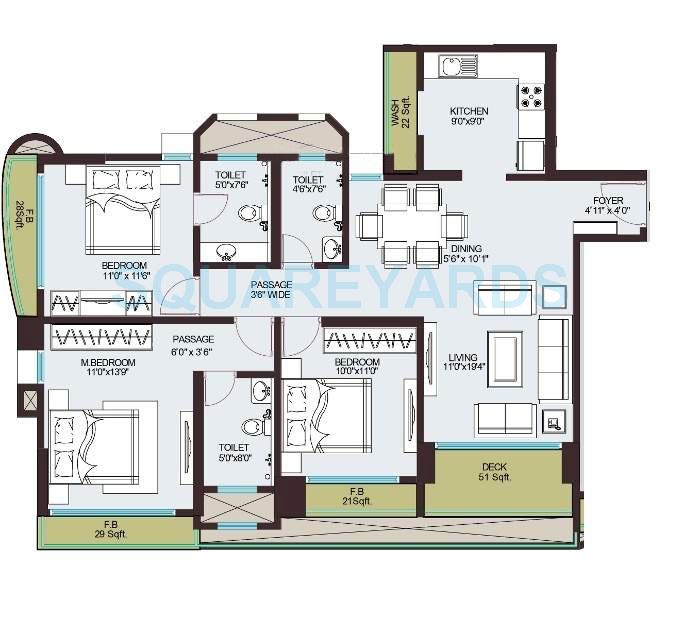 Floor plan of 3 BHK 1577 Sq. Ft. Apartment in Adhiraj Zinnia, Navi Mumbai