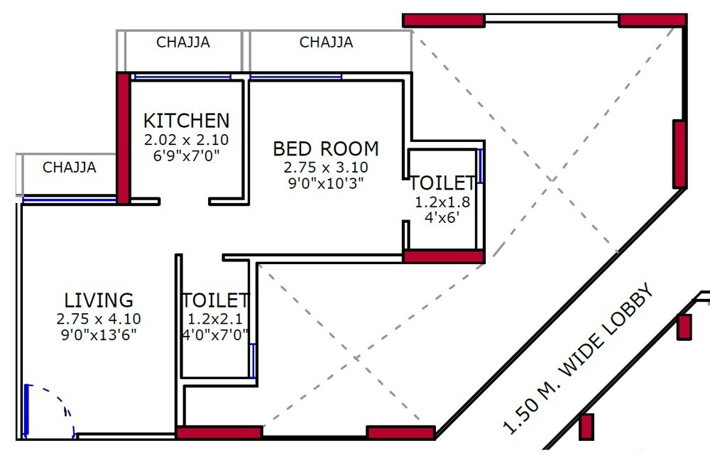 Floor plan of 1 BHK 317 Sq. Ft. Apartment in Adinath Solaris, Navi Mumbai