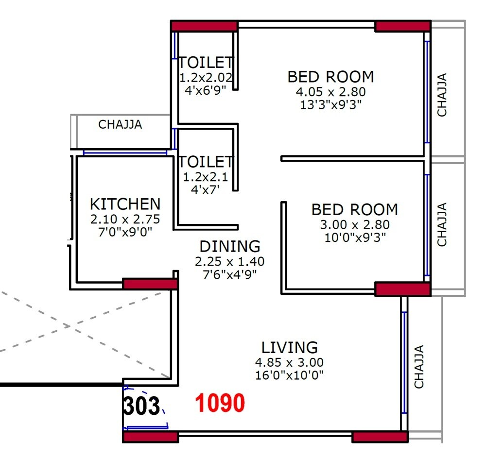 Floor plan of 2 BHK 564 Sq. Ft. Apartment in Adinath Solaris, Navi Mumbai