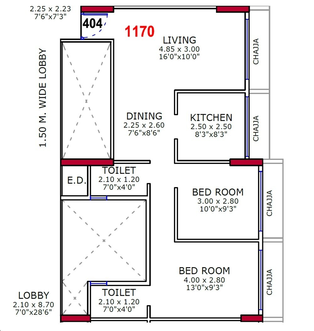 Floor plan of 2 BHK 610 Sq. Ft. Apartment in Adinath Solaris, Navi Mumbai