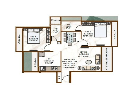 Floor plan of 2 BHK 833 Sq. Ft. Apartment in Admire 19 The Pinnacle, Navi Mumbai
