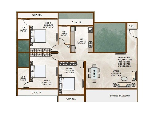 Floor plan of 3 BHK 1345 Sq. Ft. Apartment in Admire 19 The Pinnacle, Navi Mumbai